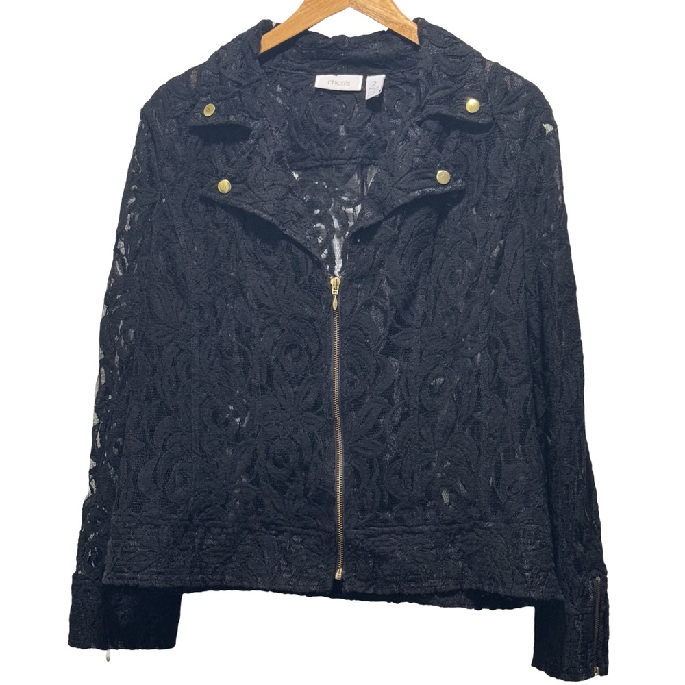 Chico’s Black Lace Gold Zipper Jacket Size 2 (Large) Floral Moto Style
